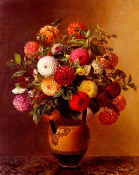 約翰 勞倫茨 延森 Still Life Of Dahlias In A Vase